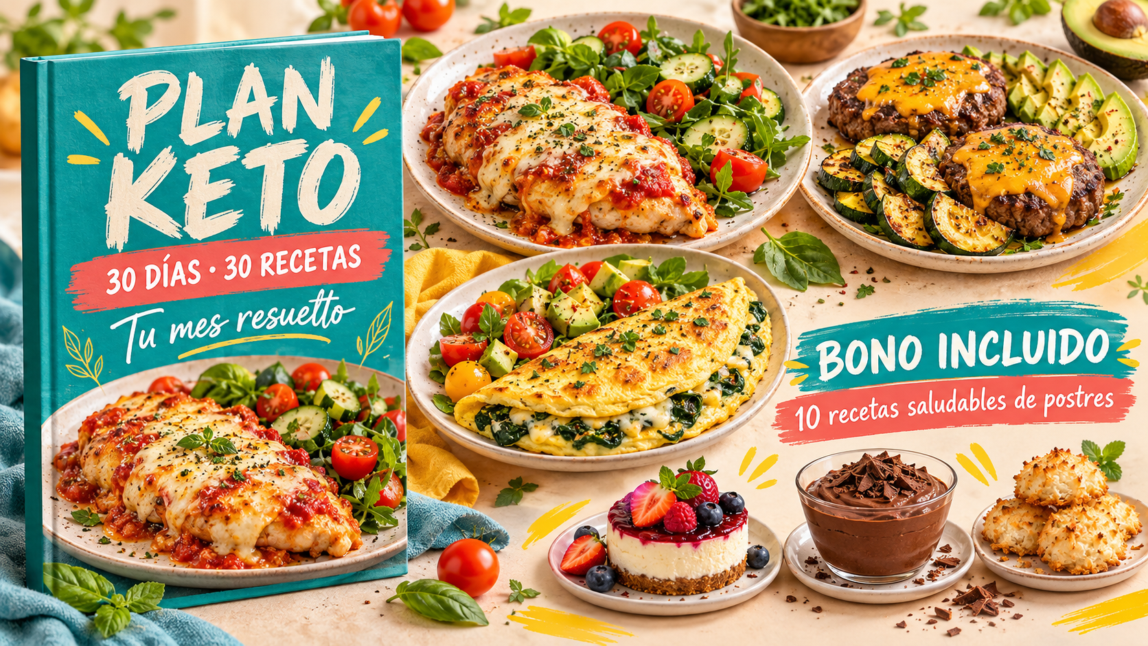Plan Keto con pollo gratinado, hamburguesas sin pan y omelette; bono con cheesecake, mousse de chocolate y cocaditas