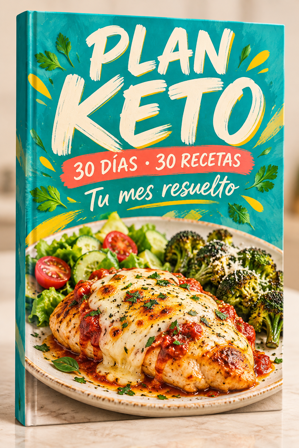 Portada turquesa del ebook Plan Keto, 30 días, 30 recetas, Tu mes resuelto